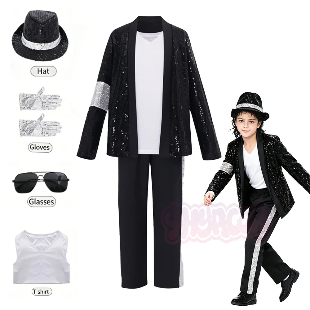 Michael Jackson Kostüm Cosplay Tanz Schwarzer Anzug Disco-Halloween-Kleidung Glitzer Bühnenoutfits