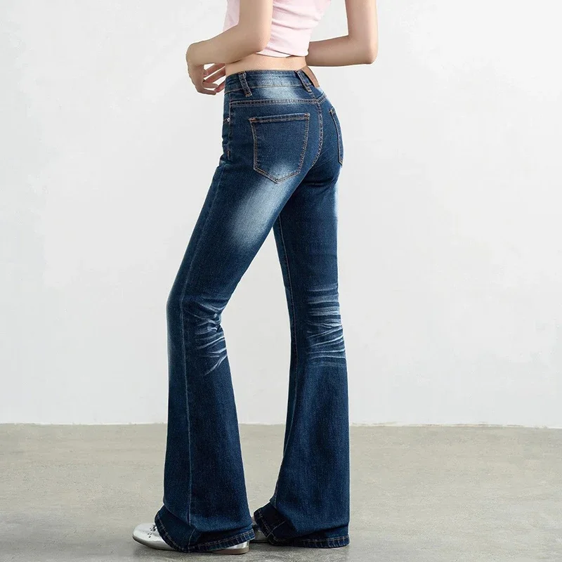 Pantalones vaqueros acampanados ajustados de cintura baja para niñas, pantalones finos elásticos con parte inferior acampanada, pantalones vaqueros de diseñador Retro elegantes para mujer