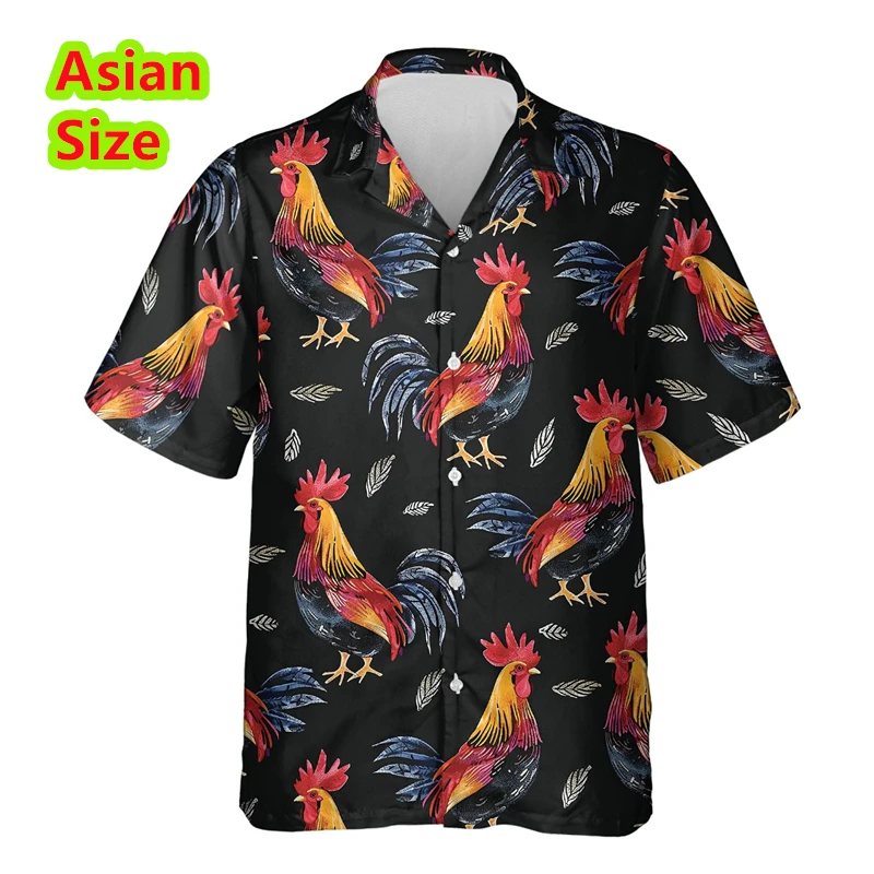 Men Hawaii Shirt Cock Rooster Colorful Texture Short Sleeve Collar Top Fashion Streetwear 3D Printed Casual Chicken Clothing