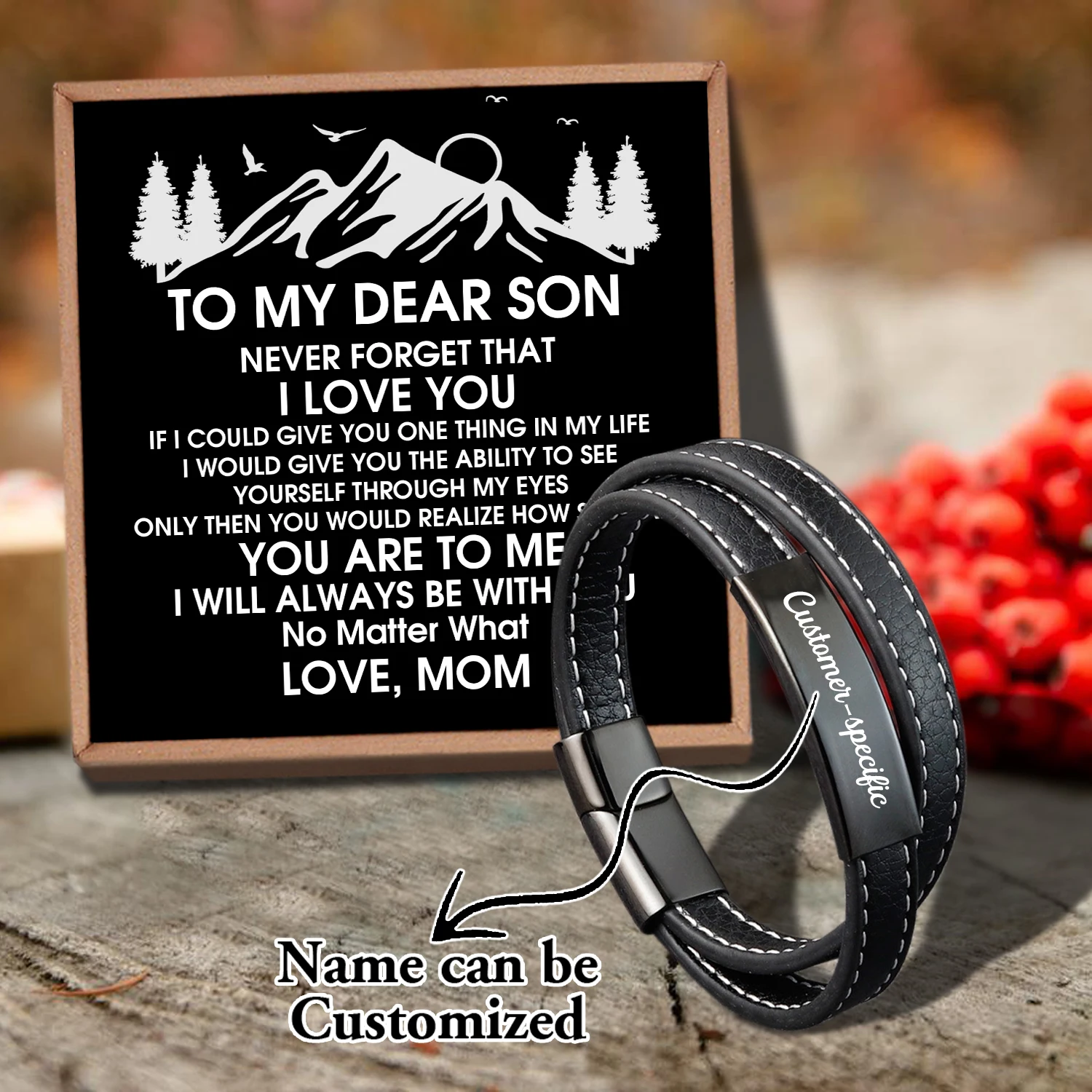 

Sam3015 Mom To My Son Name Can Be Customized Woven Bracelet Card text Men's Fashion Magnet Clasp Multi-layer Leather Bracelet