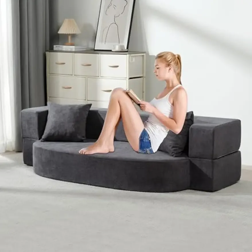 Folding Sofa Bed, Couch with 2 Pillows & Washable Cover Convertible Fold Out Futon Sofa Sleeper Chair , Twin , Dark Grey