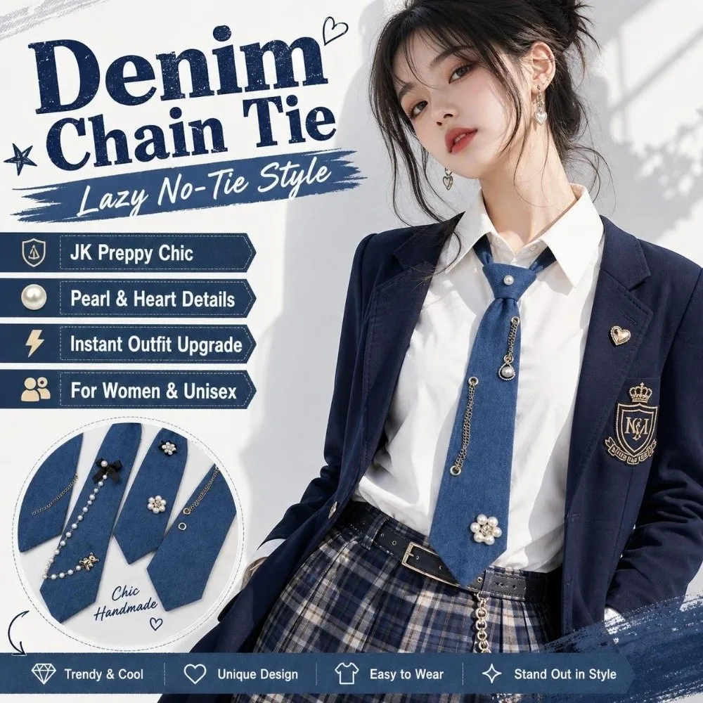 Cowboy Style Denim Pre Tied Necktie Beaded with Tassel Costume JK Tie‌ Adjustable Elastic Strap Denim Chain Necktie