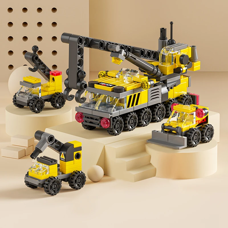 6IN1 Building Blocks Police Truck Engineering Crane City Fire Car Helicopter Tank Bricks Set Toys for Children Kids Gift