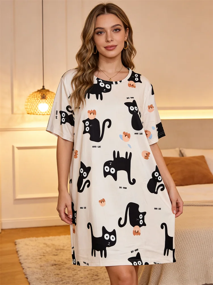 Women Nightwear Nightdress Black cat Print Loose Large Size Summer Cropped Dress Sexy Ladies Sleep Shirt Girl Sleepwear