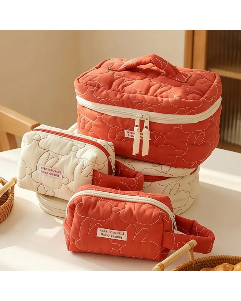 Creative Warm Tone Adorable Red White Rabbit Cosmetic Bag Roomy Cute Portable Cotton Hand Organizer