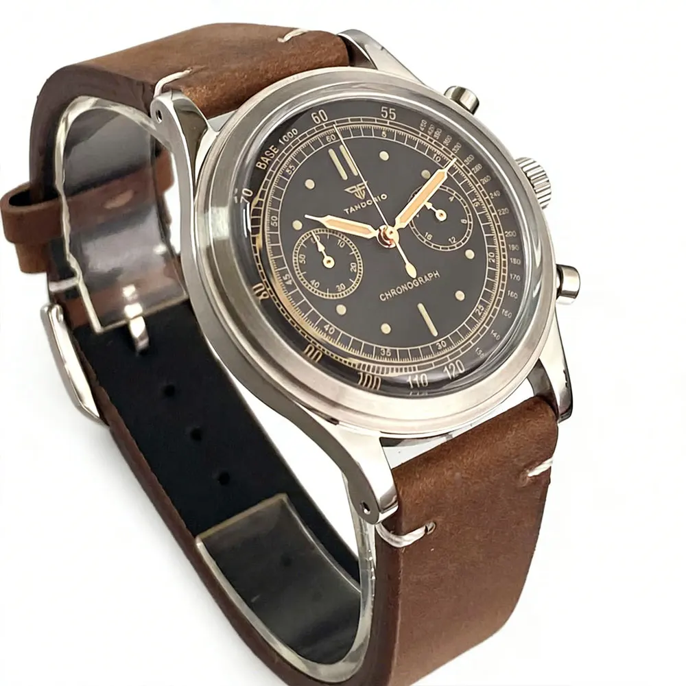Tandorio New 38mm Domed Glass Stainless Steel Black Quartz Vintage Watch For Miyota OS20 Chronograph Sport Clock For Men Lume