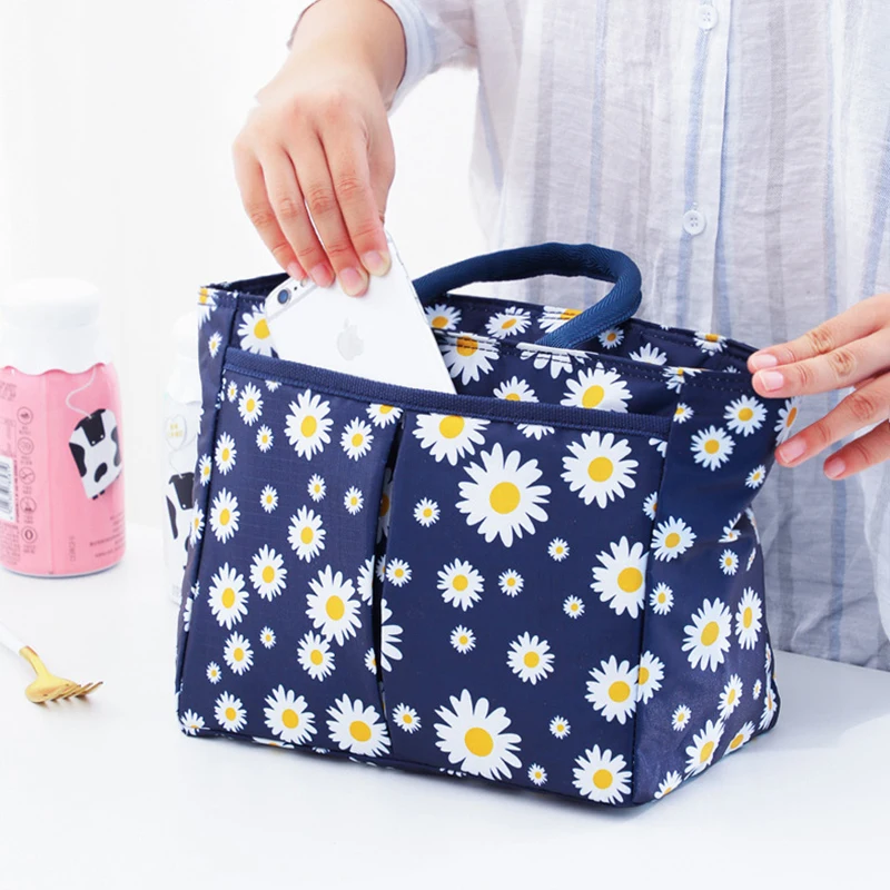 Daisy Printed Lunch Bag Thermal Insulation Large Capacity Handbag Cute Picnic Drinks Lunch Box Storage Bag Portable Lunch Pouch