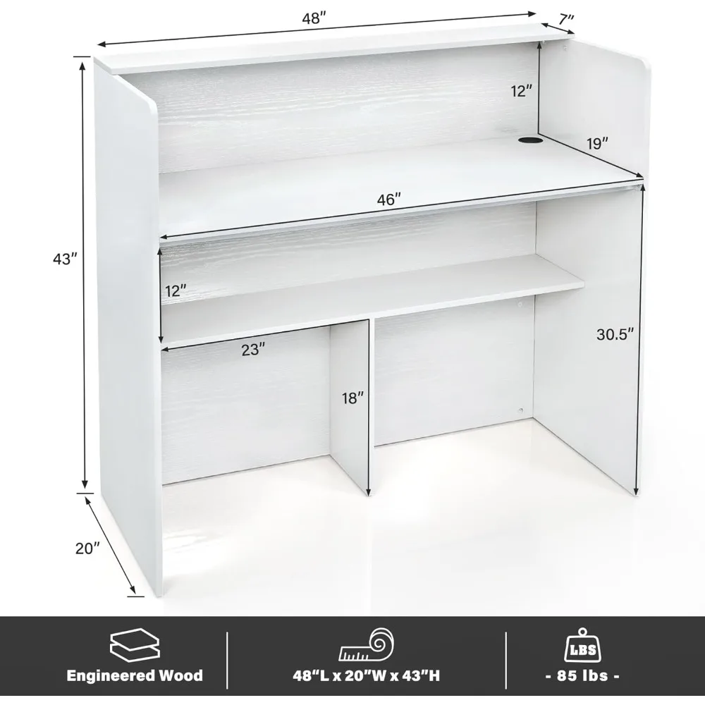 Reception Desk Counter Table, White Reception Desk Retail Counter Modern with Cable Grommet，Beauty Salon, Home Office