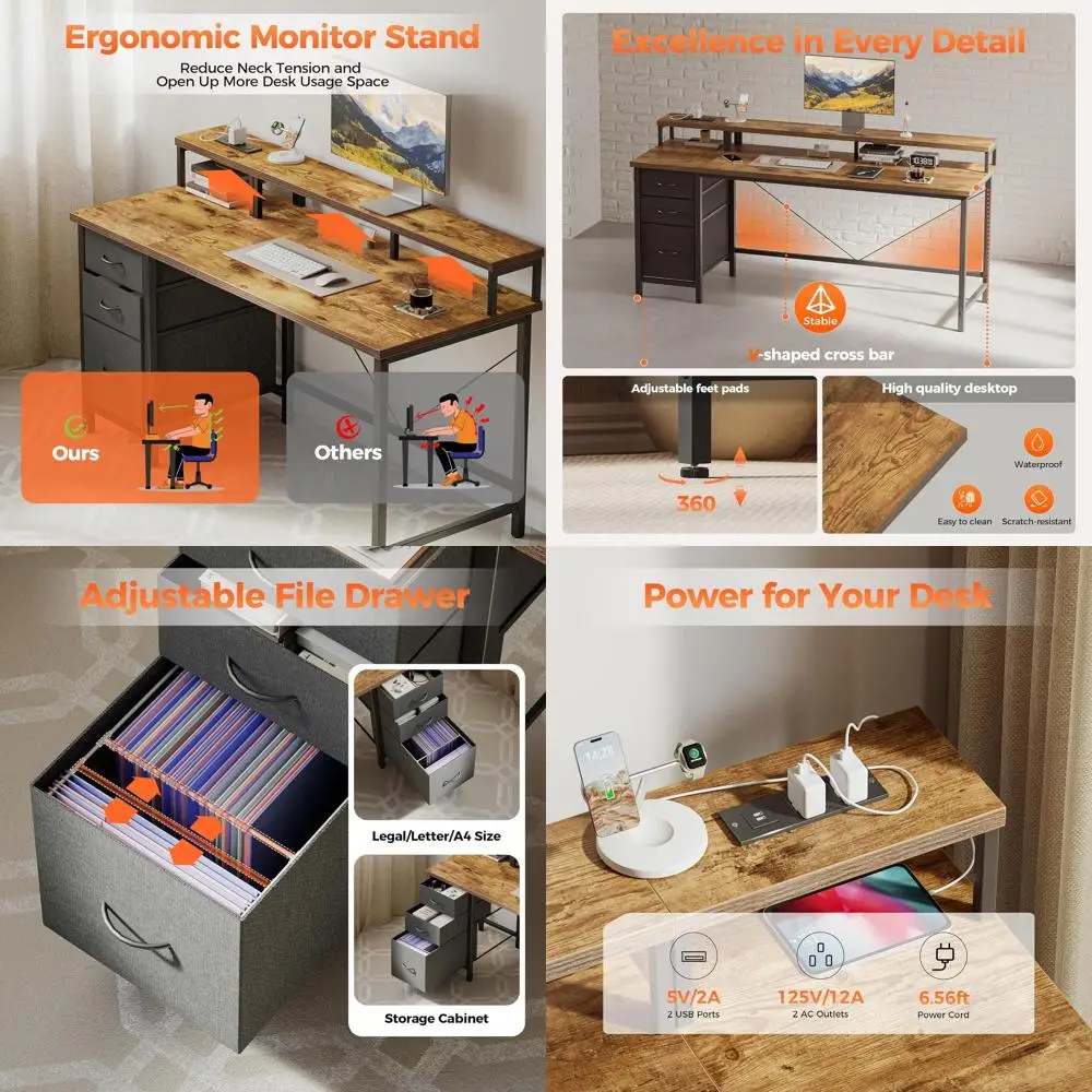 

Игровой/офисный стол с 55 светодиодными лампами, 3 ящиками, идеально подходит для небольших помещений, цвет: рустик-коричневый