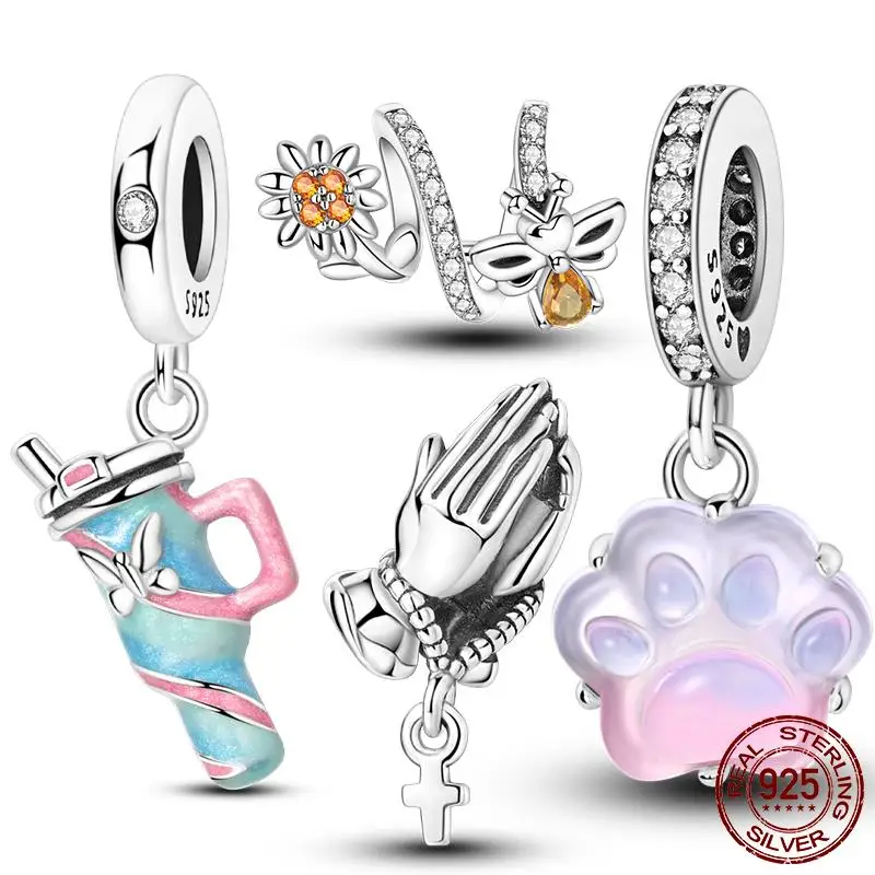 

New 925 Sterling Silver Praying Hands Beads Thermos Cup Pendant Fit Original Bracelet Women Jewelry Gift