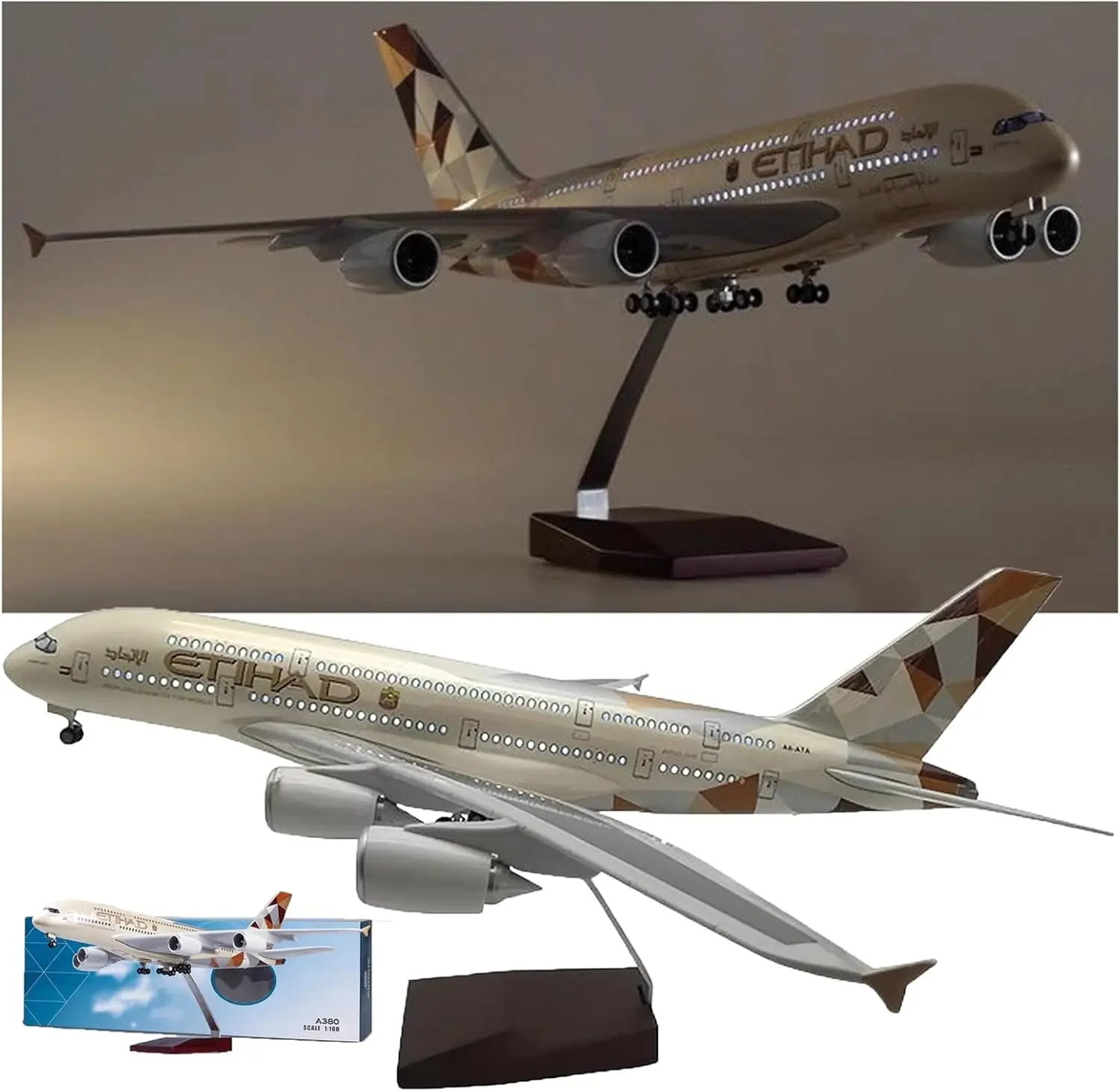 

1/160 Scale 47CM airplane toys for child 380 A380 ETIHAD Airline Model W Light and Wheel Miniature Airplane Resin For Collection