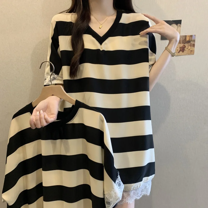 

Summer New Lace Trim Chiffon Striped Plus Size Loose Short Sleeve Top for Women