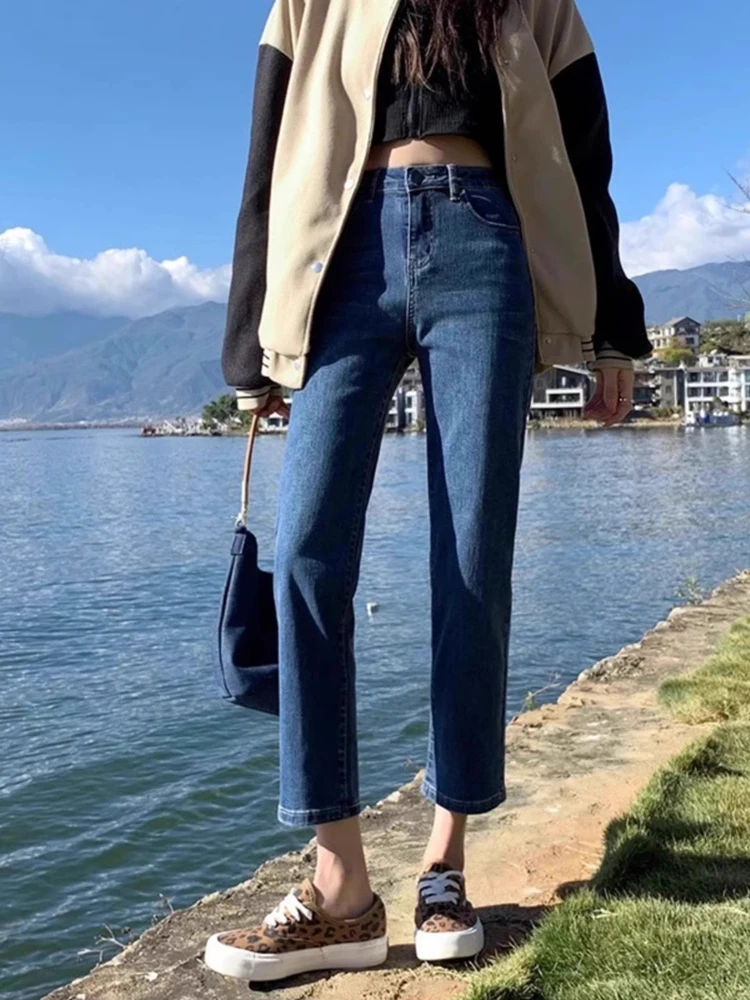 Plones vaqueros rectos ajustados de cintura alta para mujer primavera 2024 nuevo estilo tamaño pequeño pan francés pl...