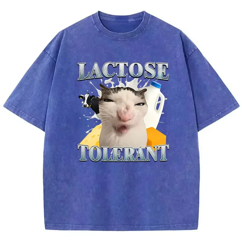 Retro T Shirt Vintage Washed 100% Cotton T-Shirt Lactose Toleran Cat Graphic Tee Casual Streetwear Spring Summer Top