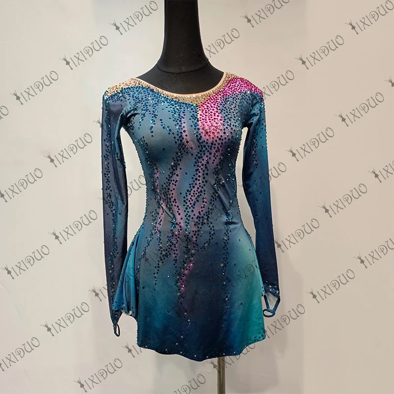 Women Girls Shiny Rhinestones Figure Skating Dress Green Long Sleeves Gymnastics Leotard Performance Ballet Dance Costume