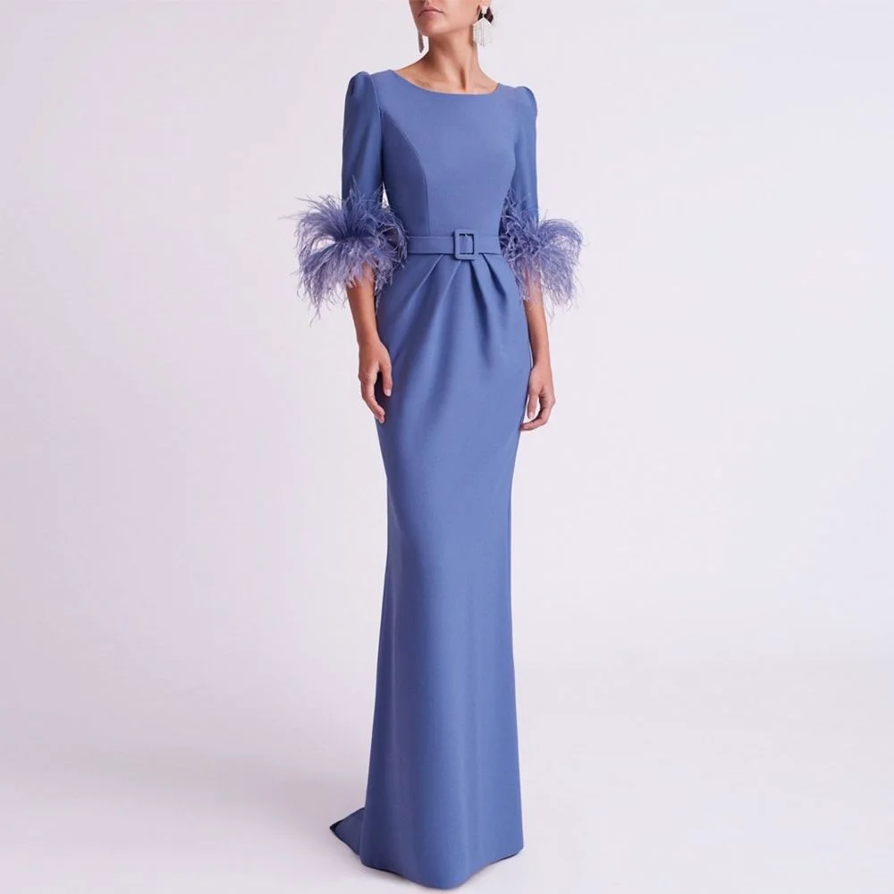 

Exquisite Feather Evening Dresses Elegant O-Neck Half Sleeve Formal Party Robe De Soirée High Quality Prom Gown for Women