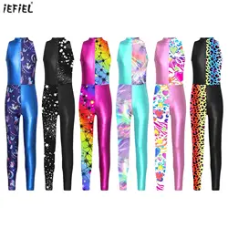 Kids Girls Sleeveless Print Unitards Gymnastic Skating Dance Yoga Sport Costumes One-piece Stretchy Patchwork Leotard Bodysuit