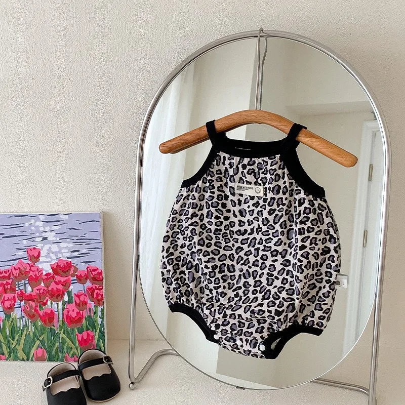 ZOETOPKID Cute Baby Bodysuit Summer Thin Newborn Baby Leopard Print Fart Coat Suspender Triangle Rompers Summer Clothes