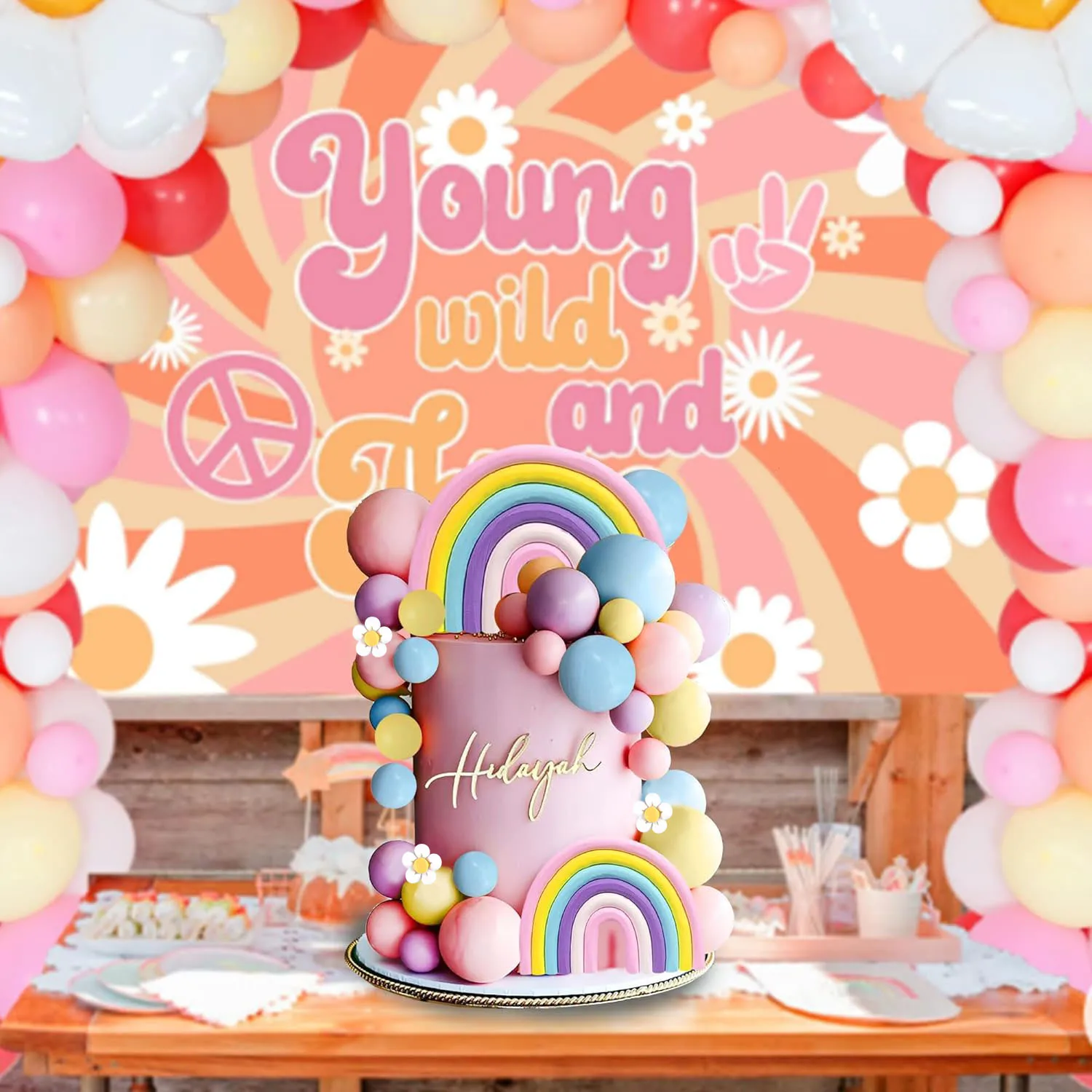 35 PCS Cake Toppers Boho Cake Topper Hippie Party Decorations with Flower Rainbow Balls Girl Birthday Party and Room Decoration