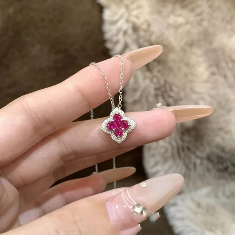 Exquisite Rose Red Ruby Gemstones Diamonds 4 Leaves Clover Flower Pendant Necklaces for Women Sterling Silver 925 Choker Gifts