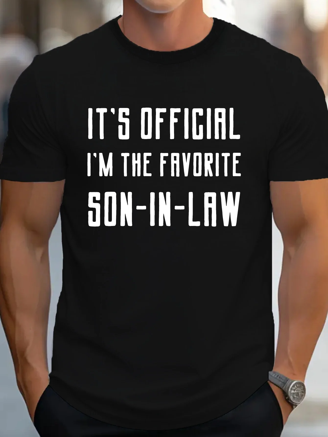 Funny Men's Black Graphic T-Shirt Official Favorite Son-In-Law Bold Letter Print Family Humor Statement Design 100% Cotton Heavyweight Short Sleeve Casual Streetwear Tee
