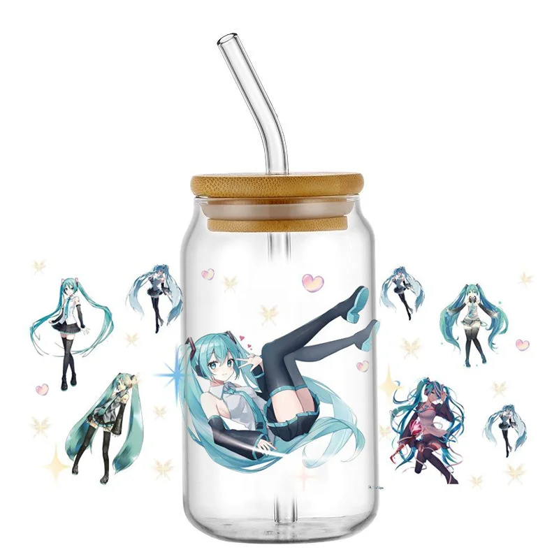 Miniso-pegatina de dibujos animados Mikuo 3D UV DTF, envolturas de transferencia DIY para taza de vidrio de 16oz, envoltura impermeable, pegatinas para taza de café