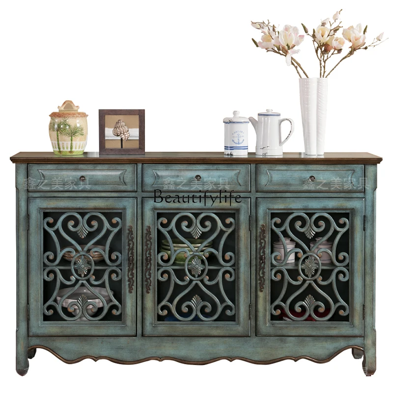 

American rural solid wood porch cabinet storage multi-layer dining side cabinet storage Mediterranean style retro furniture