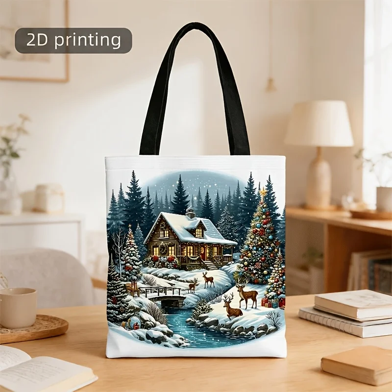 Winter Forest Cabin Deer Christmas Canvas Tote Bag Snowy House Stream Pine Tree Print Handbag Reusable Casual Shoulder Bag Xmas