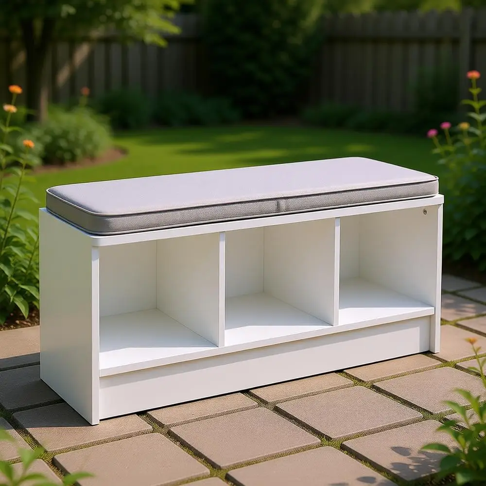 

3-Cube Storage Bench, White with Gray Cushion