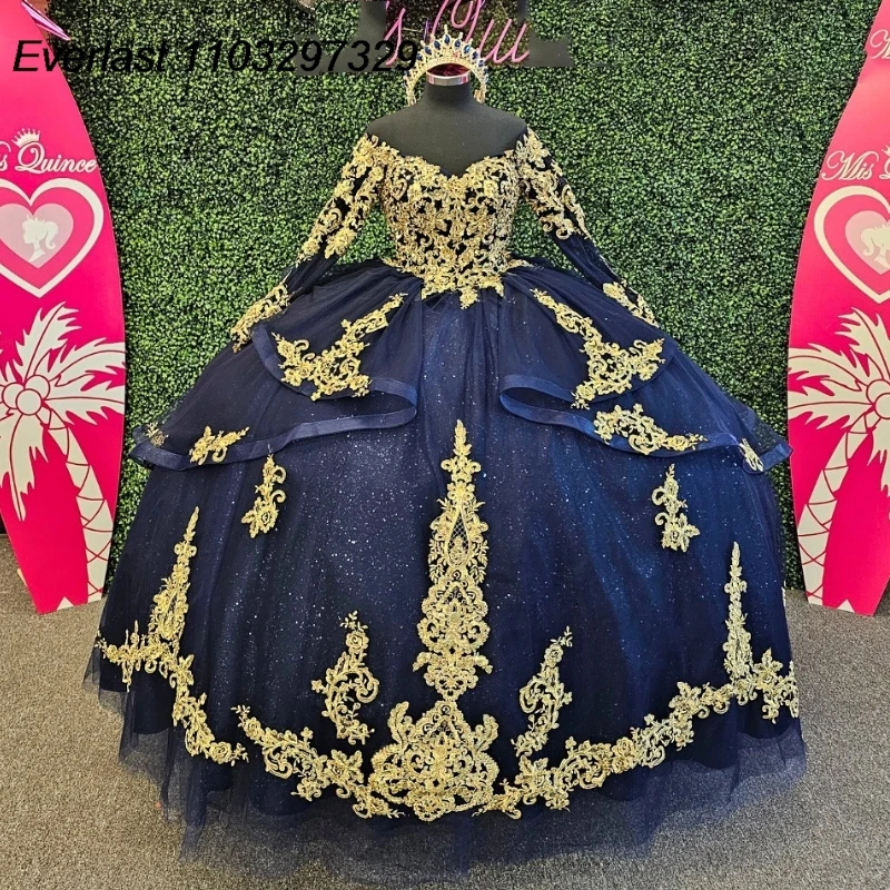 

EVLAST Glitter Navy Blue Quinceanera Dress Ball Gown Gold Lace Applique Beading Long Sleeve Sweet 16 Vestido De 15 Anos TQD388