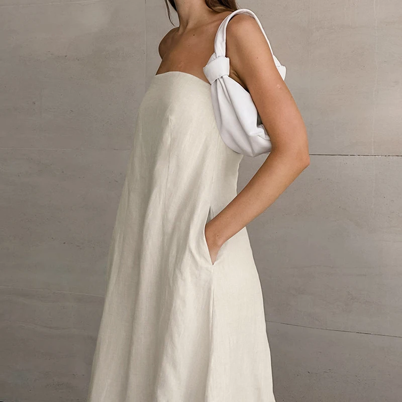 Französisch-Stil frauen Baumwolle-Leinen Trägerlosen Kleid Chic Neue Einfarbig Off-Schulter Backless Sexy Casual Sommer kleider Vestido – Detail 5