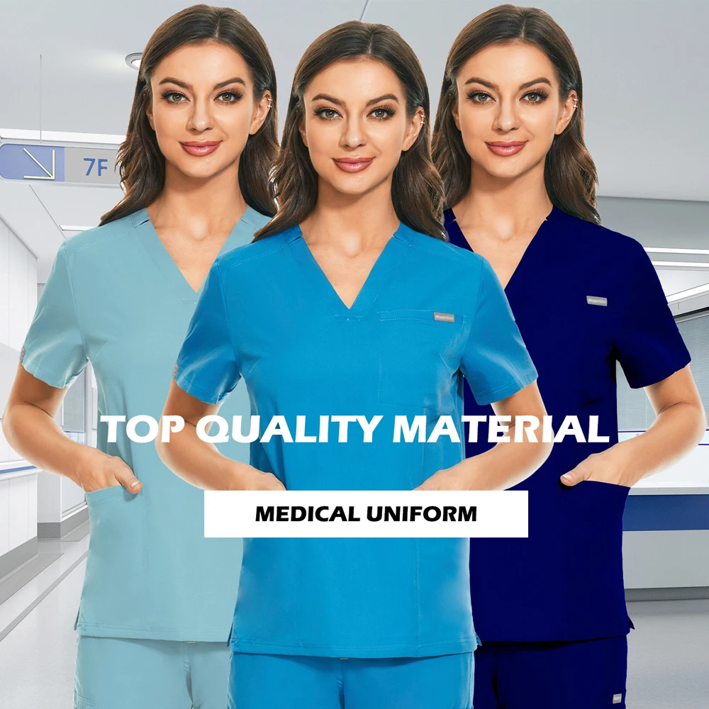 V คอ Medical Scrubs เสื้อลำลองขาสั้นแขนเสื้อร้านขายยาโรงพยาบาลโดยรวมผู้หญิงขัดเสื้อผ้าชุดพยาบาลพยาบาลเสื้อ