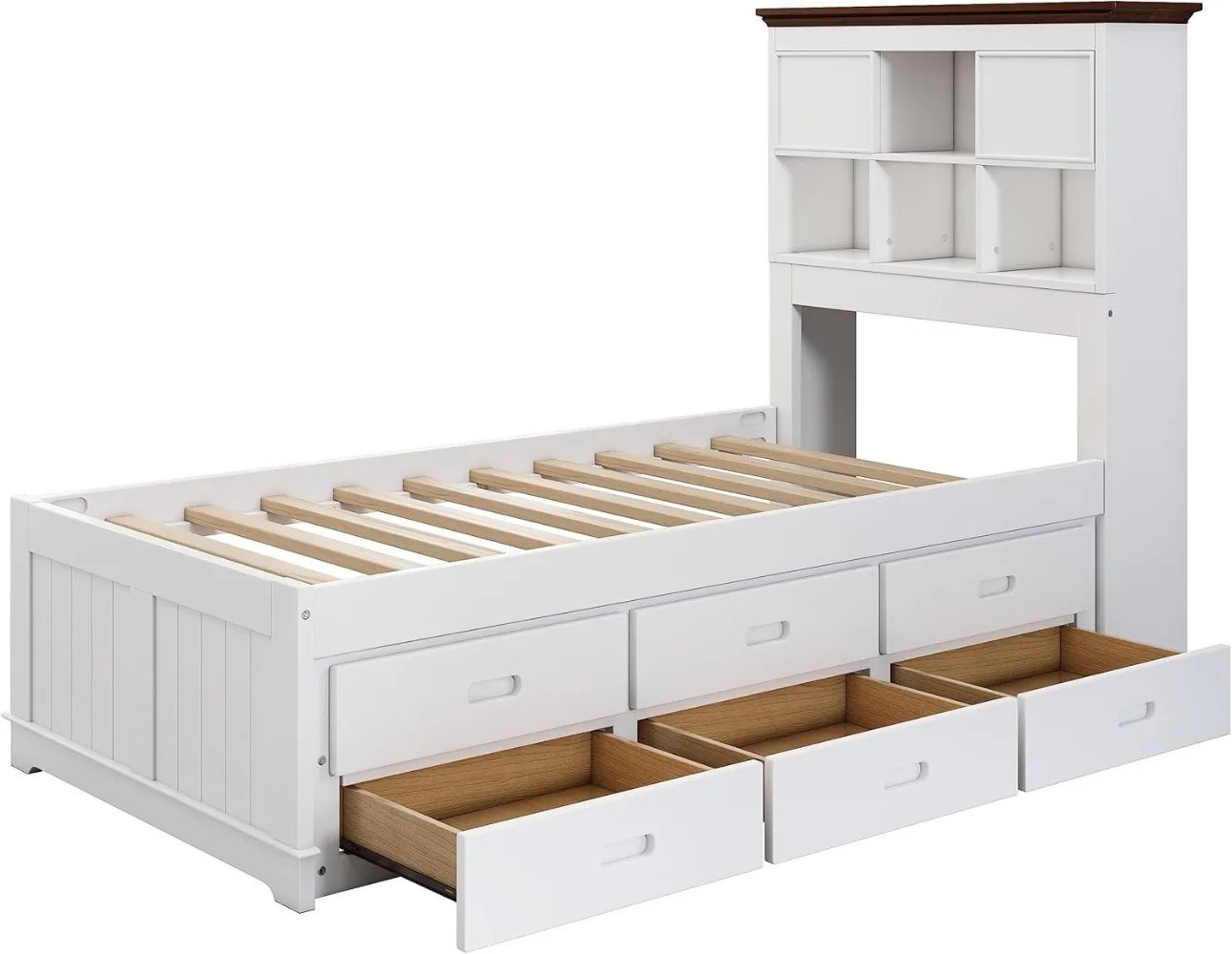 Twin Captain Bed met onderschuifbed en opbergladen, houten platformbed met boekenkasthoofdeinde, wit bedframe met lattenbodem