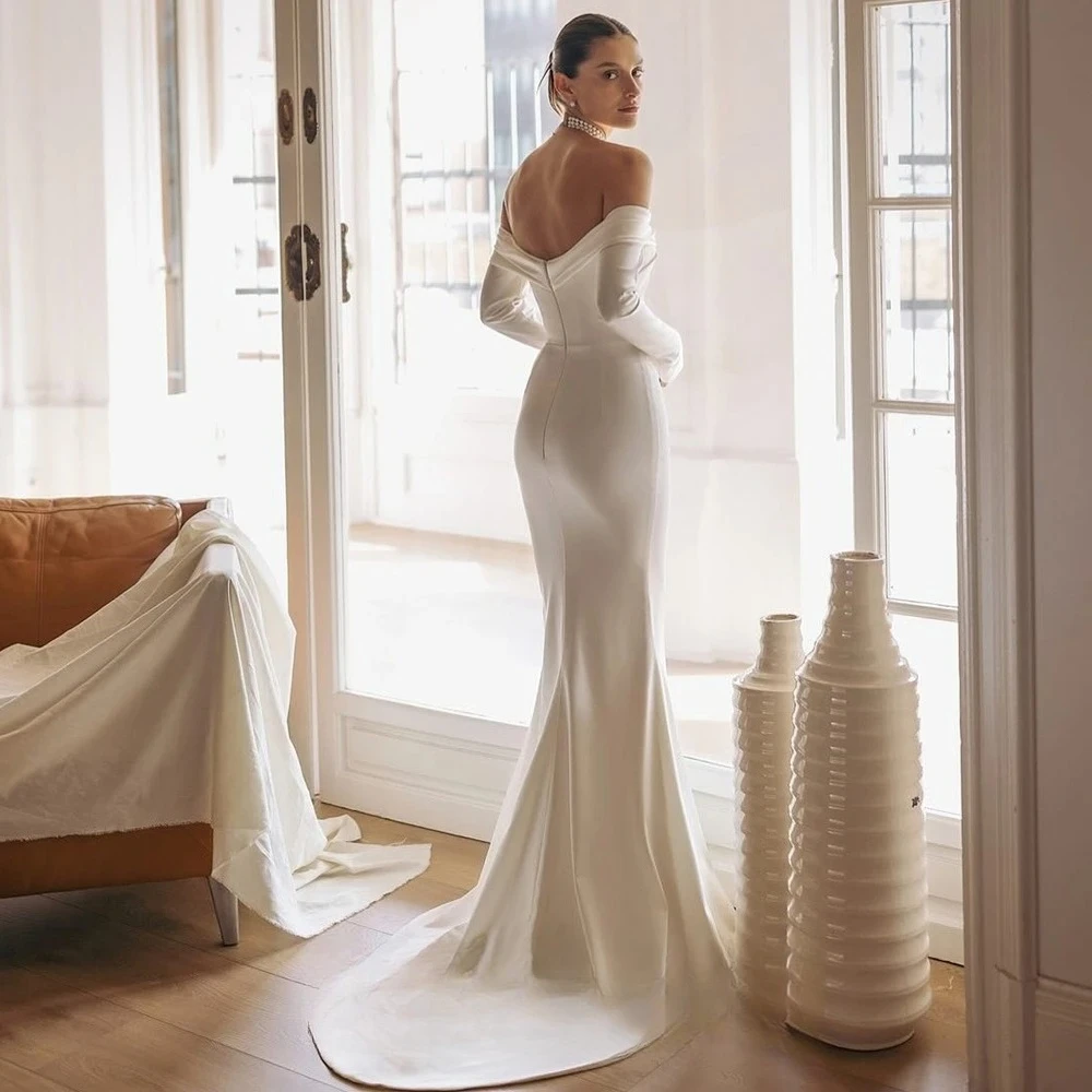 Off Shoulder Long Sleeve Satin Mermaid Wedding Dress Ruched Fitted Bridal Gown With Sweep Train Elegant Vestido De Novia