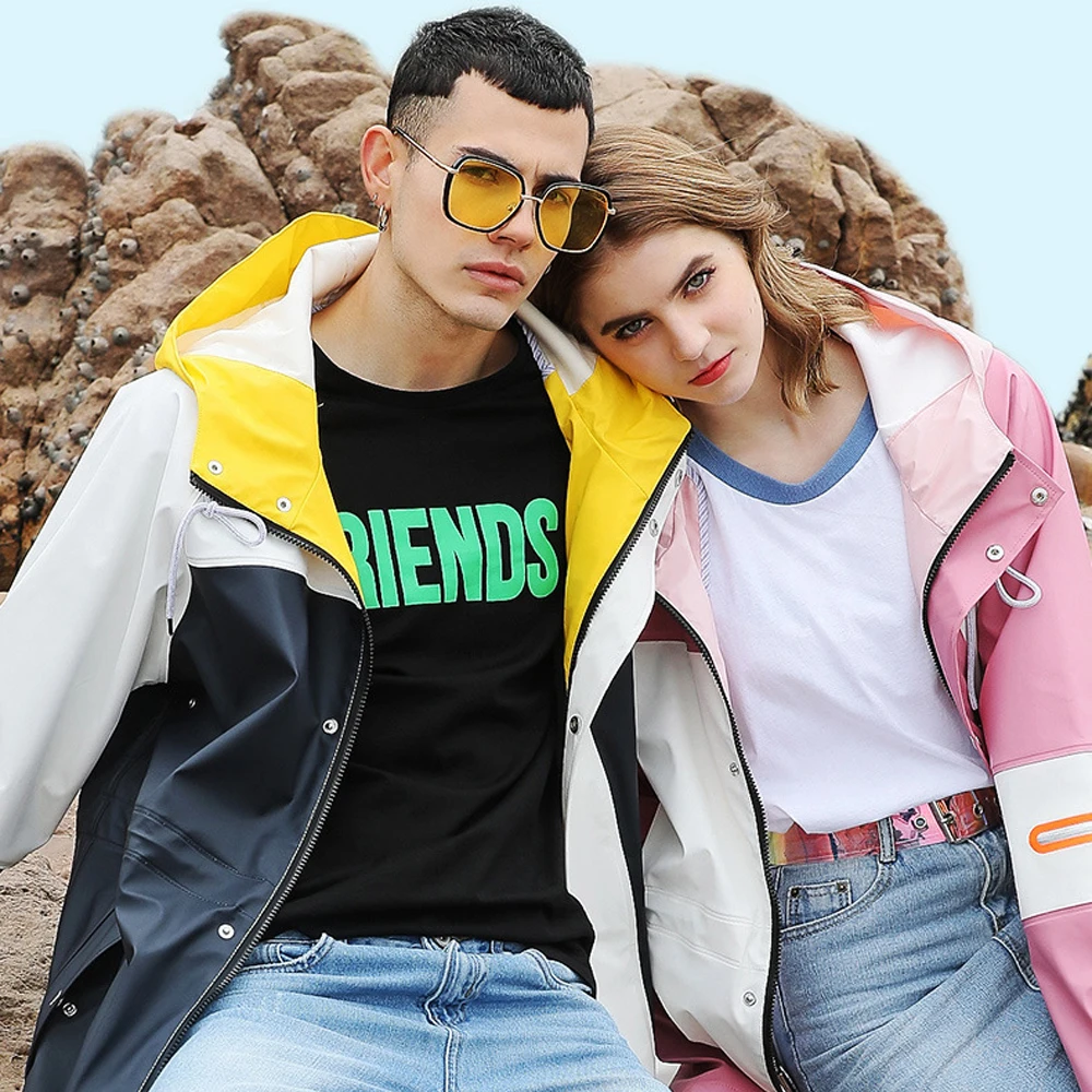 

Long Raincoat Women Men Waterproof PU Trench Coat Outdoor Fashion Two Tone Color Hooded Windproof Jacket Parka