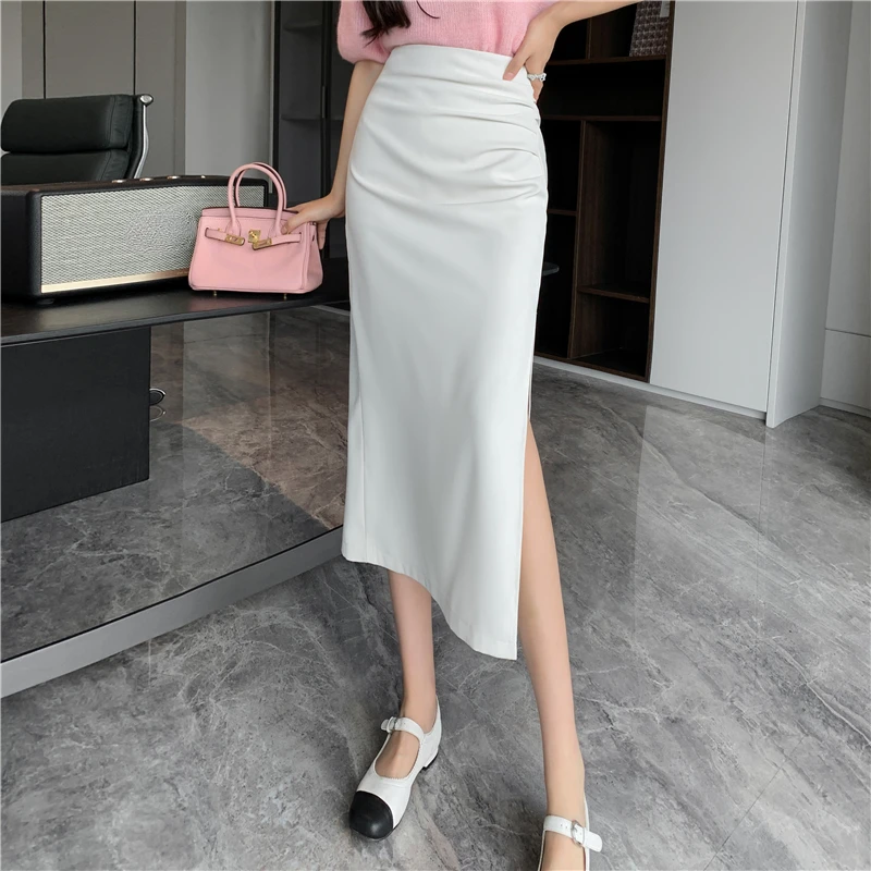 

Elegant Folds High Waist Package Hip Skirt Korean Office Ladies Fashion Side Slit Pencil Skirt Women Summer Midi Skirt