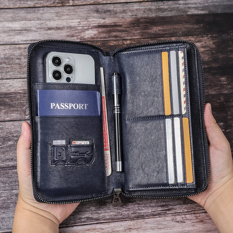 CONTACT\'S Genuine Leather Men\'s Passport Wallets Long Clutch Casual Handbags Card Holders Coin Purses Money Clip Travel Wallet