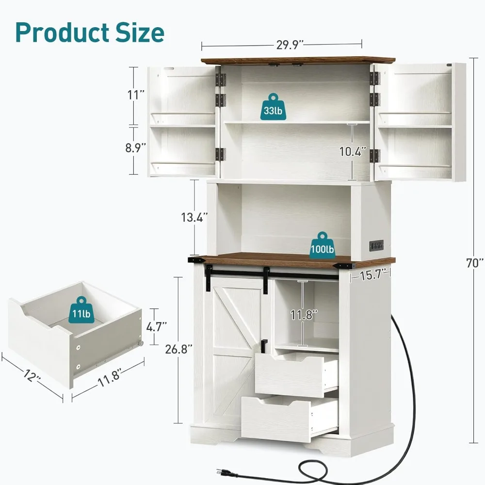 Farmhouse Pantry Cabinet with Charging Station, Kitchen Pantry with 2 Drawers & Sliding Barn Door, Tall Wooden Storage Cabinet,