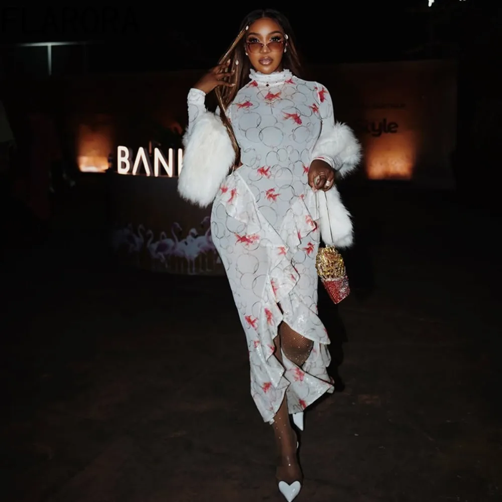 FLARORA – robe Maxi Sexy imprimé poisson rouge pour femme, col rond transparent, manches longues, fendue, froncée, hanche pêche, tenue élégante pour fête d'anniversaire