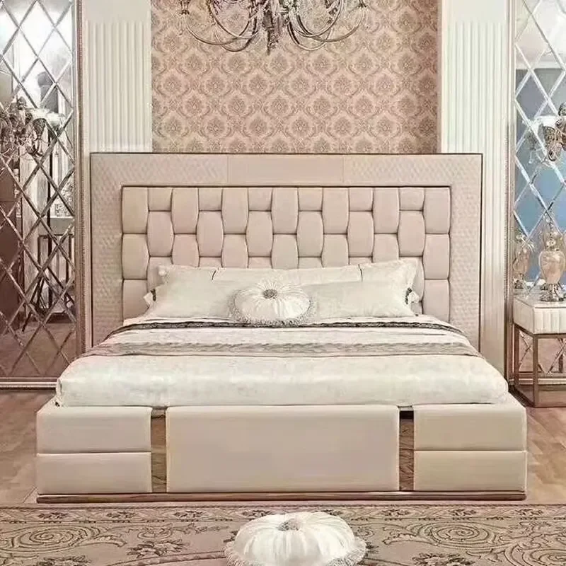 Italian Luxury Modern King Size Bed Frame Leather Fabric Upholstered Bedroom Furniture Set for Family Apartment Hotel Decor