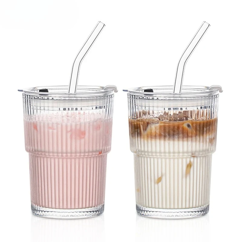 1/2 Pc 450ml 15oz Clear Glass Cup with Lid and Glass Straw Durable Vertical Vertical Fluted Glassware for Juice Milk Coffee Tea