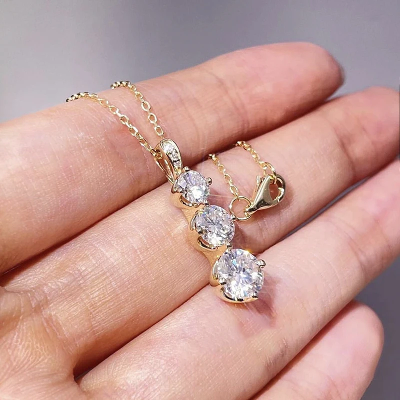 

Gold Tone Three Stone Moissanite Necklace, Crown Pendant Copper Adjustable Chain Statement Jewelry for Daily & Occasions