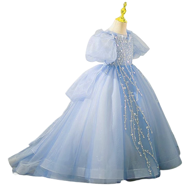 Kralen Bluetulle Prinses Trouwjurk Voor Kinderen Elegante Verjaardag Carnaval Verkiezing Jurk Voor 2-12 Jaar Oude Meisjes