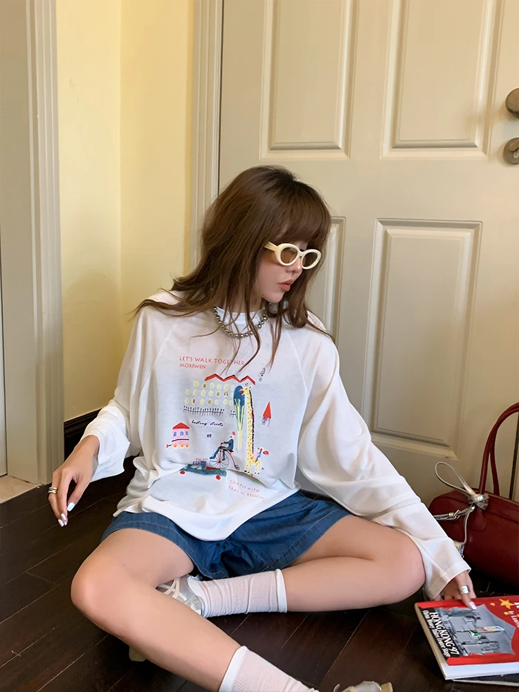 

Mokewen Summer Travel Vaion Sun Protection White Print Long Sve T-irt Women's Thin Top 2025 New Sle Casual Loose Fit