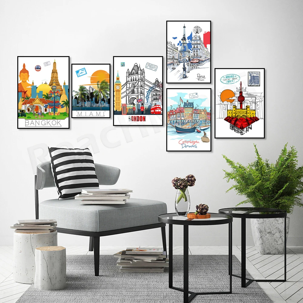 Berlin, Copenhagen, Miami, Houston, London, Las Vegas, Dublin, Bangkok Thailand, Paris, Washington DC Landmark Travel Art Poster