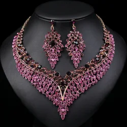 Luxury Exquisite Purple Crystal Water Drop Wedding Stud Earrings Choker Necklace For Women Bridal Jewelry Sets Party Accessories