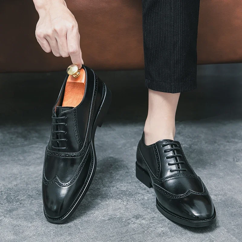 Black Oxford Shoes for Men Lace-up Square Toe Spring Autumn Handmade Men Dress Shoes  Size 38-46