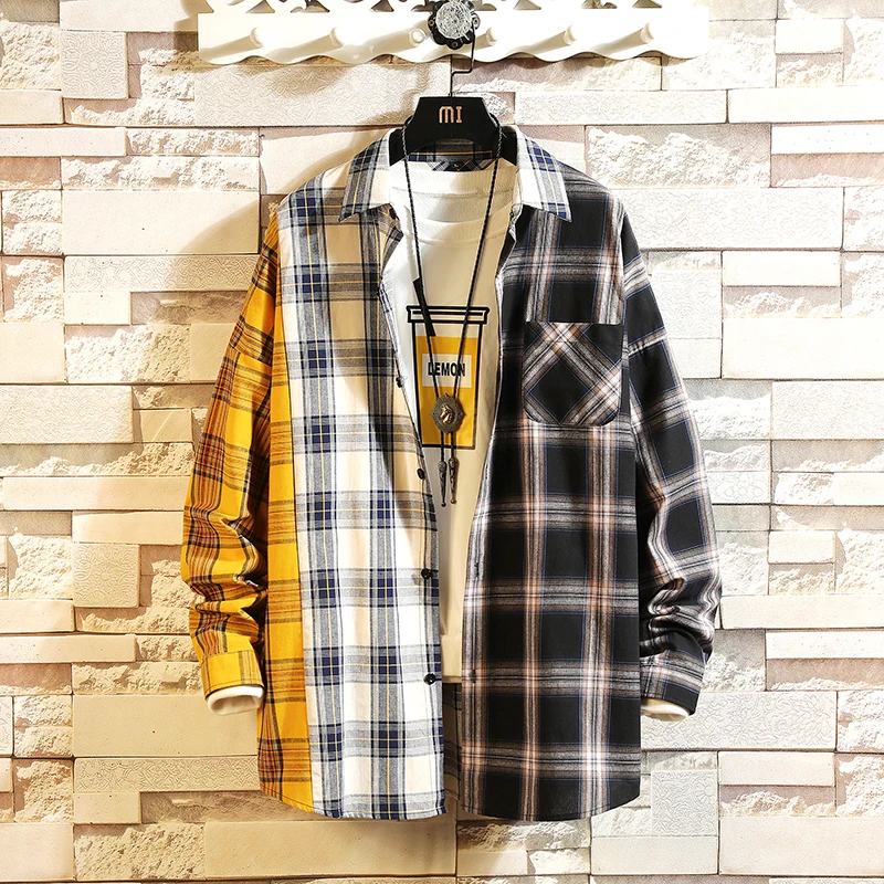 New Plaid Contrast Colour Casual Loose Shirt  Fashion Patchwork Long Sleeve Casual Shirt Hip Hop Street Clothing Men's Shirt