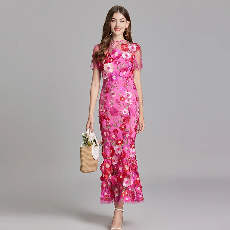 Colorful 3D Flower Embrodiery Mesh Dress Women's O-Neck Short Sleeve Slim  Fit Wrap Hip Long Dress Lace Splicing Prom Party Robe - AliExpress 200000345