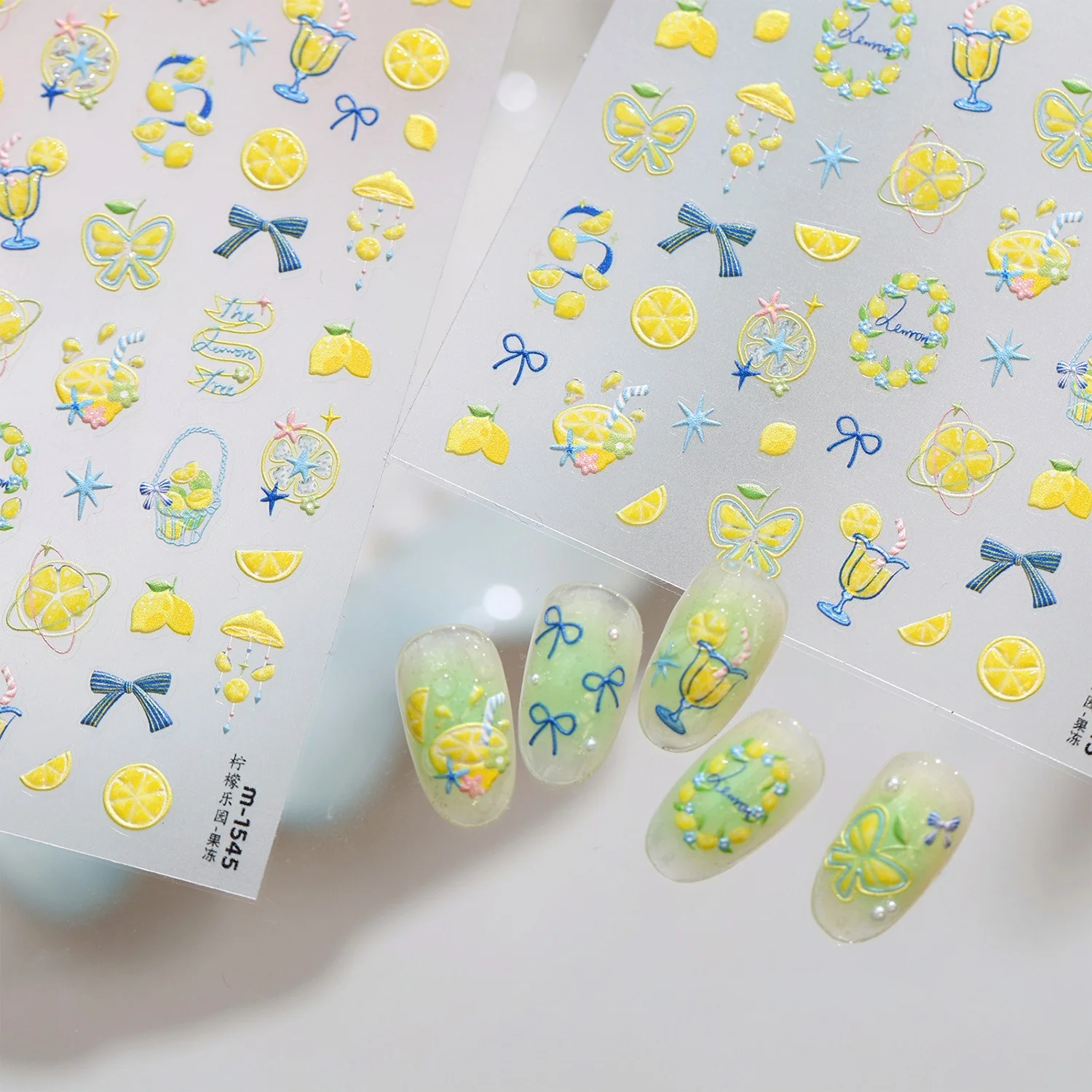 Fresh Tropical Summer 5D Nail Sticker Lemon Slice Fruit Drink Cup Butterfly Ribbon Bow Wreath Star Self Adhesive Nail Art Decor